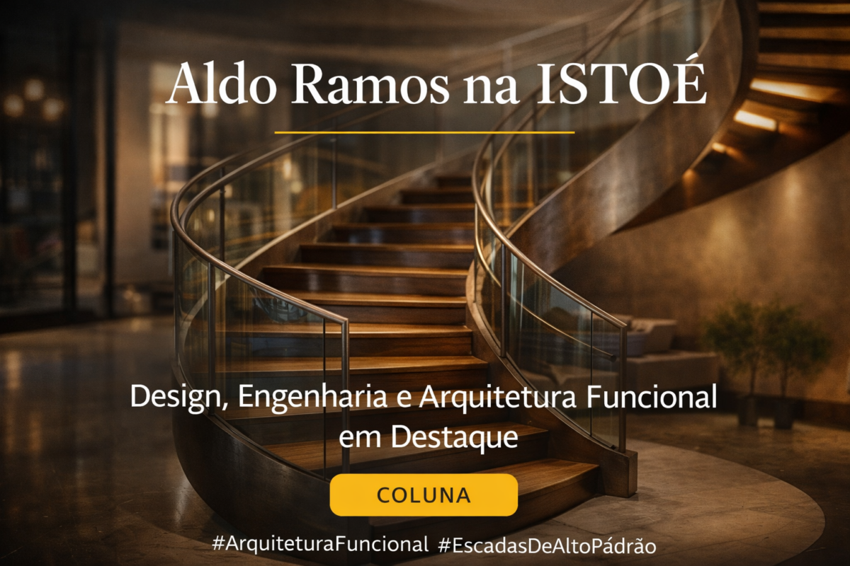 Escada helicoidal de alto padrão com degraus em madeira nobre e guarda-corpo em vidro, iluminada por luz arquitetônica, representando o design funcional e a engenharia estética abordados por Aldo Ramos na coluna da ISTOÉ.