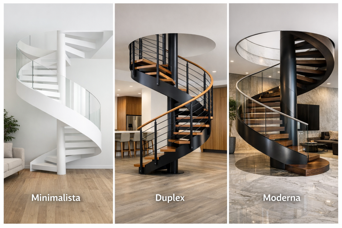 comparação entre escada helicoidal minimalista duplex e moderna