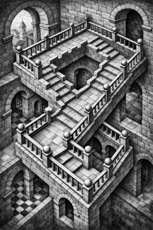 Ilusão da escada de Penrose com estrutura infinita impossível