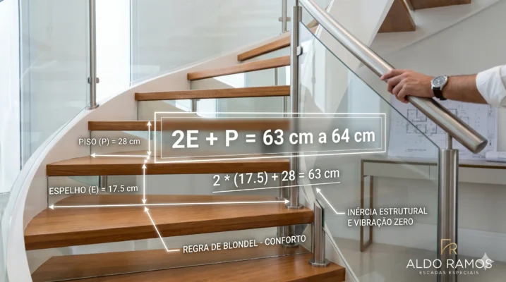 Diagrama técnico de uma escada helicoidal com as medidas ergonômicas de Piso (28cm), Espelho (17,5cm) e a aplicação da Fórmula de Blondel (2E+P), em conformidade com a NBR 9050 por Aldo Ramos.