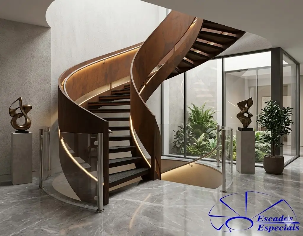 Escada curva em aço corten com design arquitetônico de alto padrão