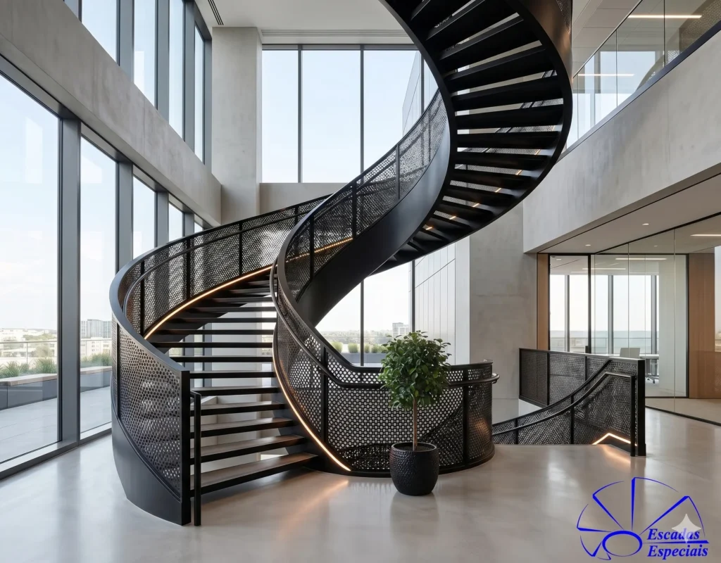 Escada curva metálica de alto padrão em ambiente corporativo com design moderno