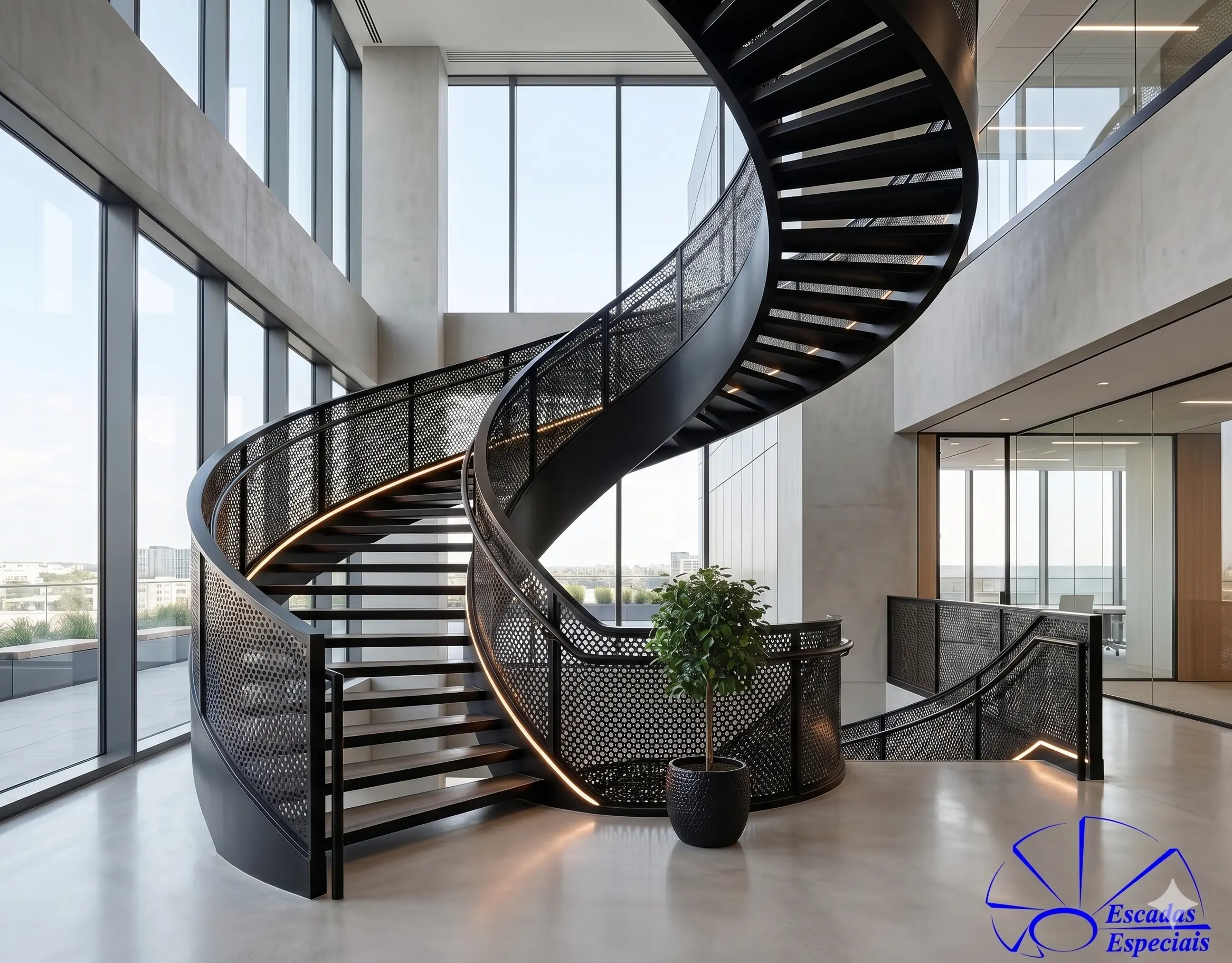 Escada curva metálica de alto padrão em ambiente corporativo com design moderno