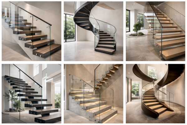 Escada flutuante de madeira com guarda corpo de vidro e fixação pontual