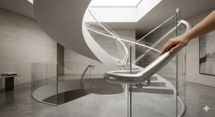 Fotografia de luxo de uma mão segurando um corrimão de aço inox 316L contínuo de uma escada helicoidal com guarda-corpo de vidro curvo, transmitindo status, segurança da família e design autoral por Aldo Ramos