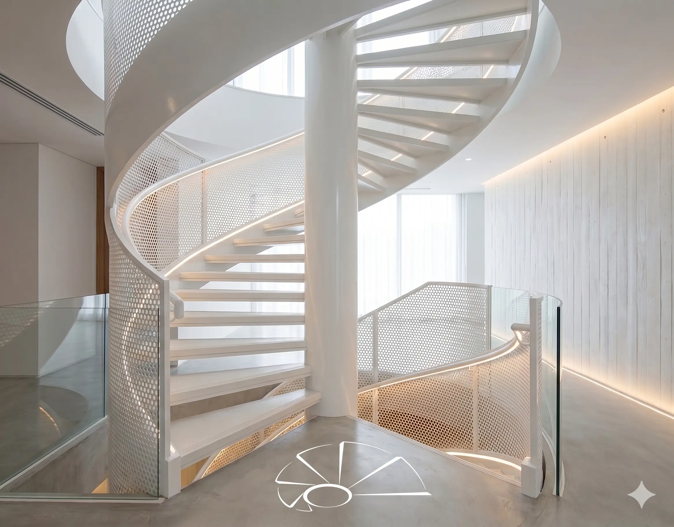 Escada helicoidal residencial com design clean e estrutura contínua