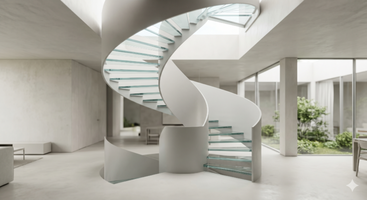 Interpretação contemporânea da escada misteriosa de Loreto e Compostela, apresentando estrutura helicoidal em chapa branca e degraus de vidro flutuantes, projetada com engenharia de precisão e engastes invisíveis pelo especialista Aldo Ramos da Escadas Especiais