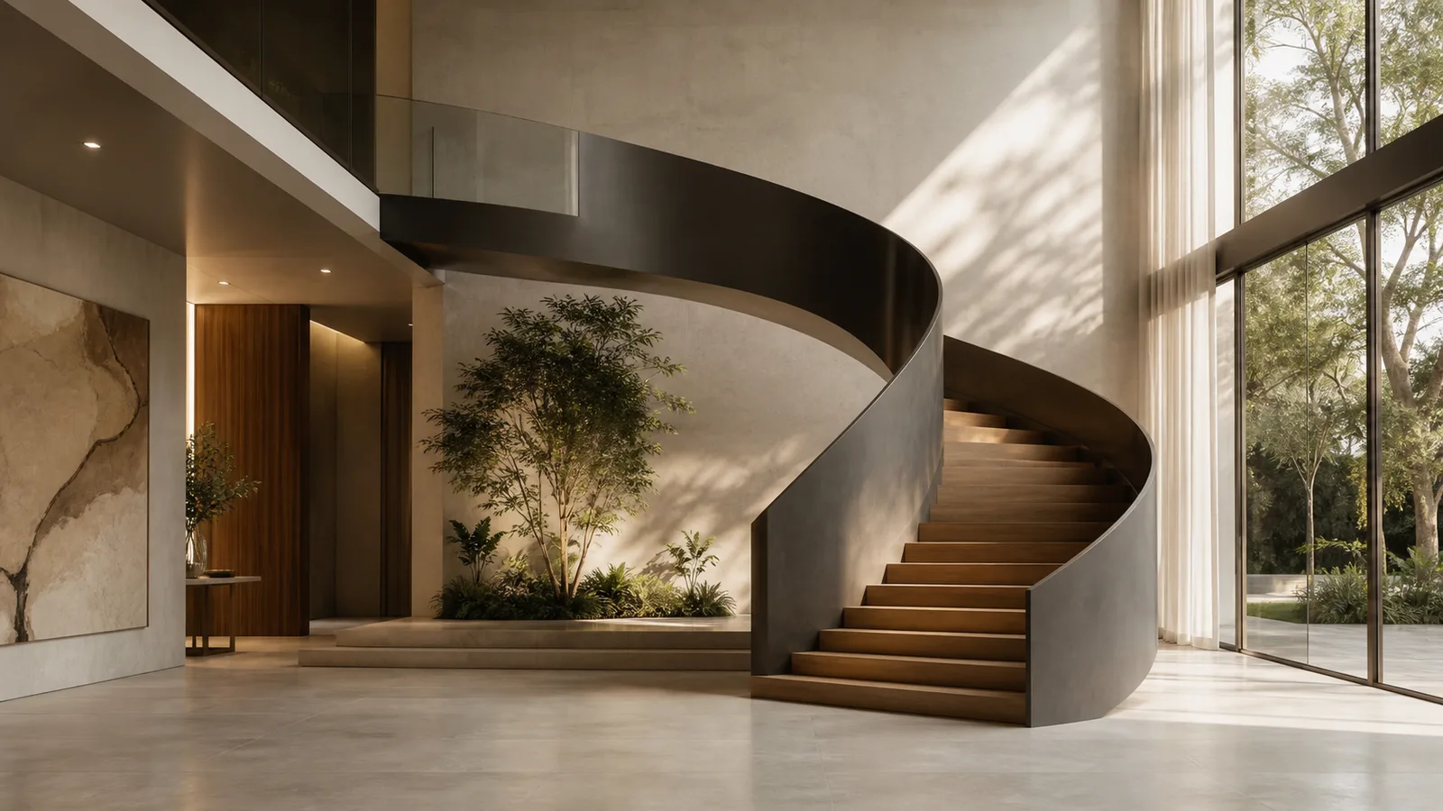Escada escultórica integrada à arquitetura como expressão de inteligência de circulação arquitetônica