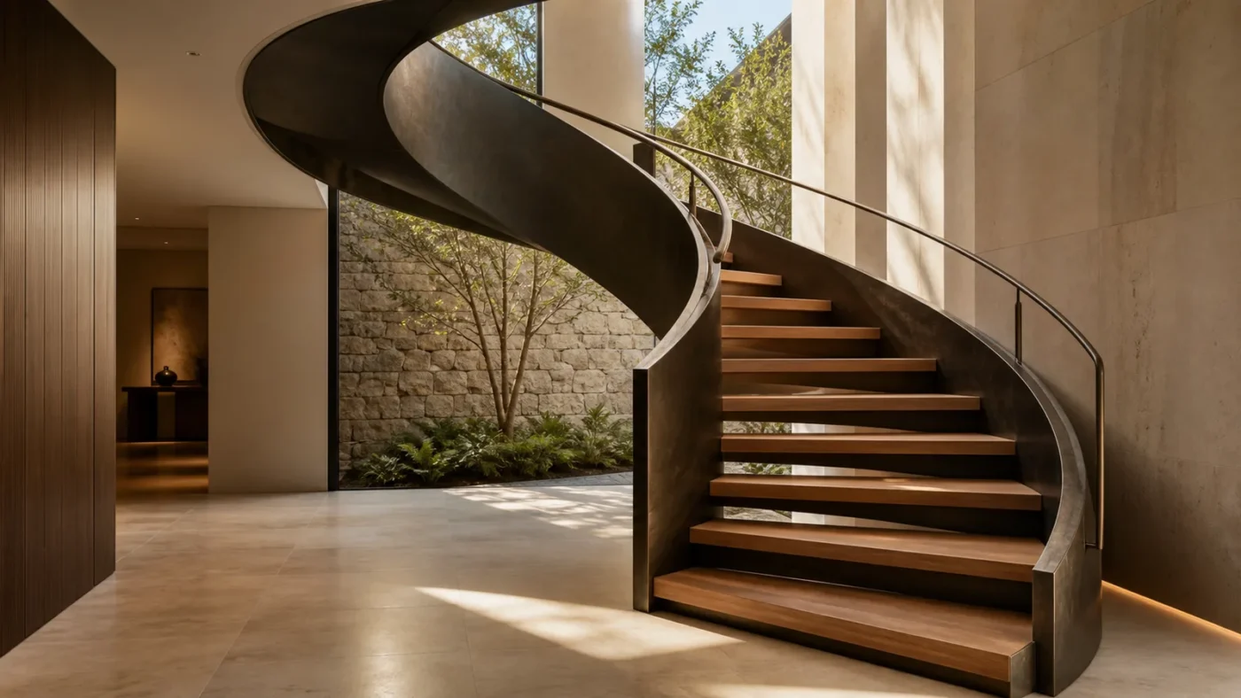 Escada sob medida com estrutura metálica escura e degraus de madeira integrada à arquitetura