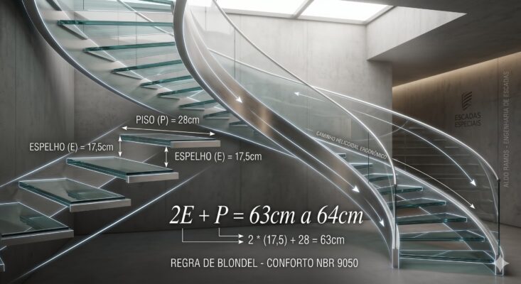 Diagrama da Regra de Blondel aplicada em escada helicoidal com degraus de vidro — 2E + P = 63cm | Escadas Especiais®