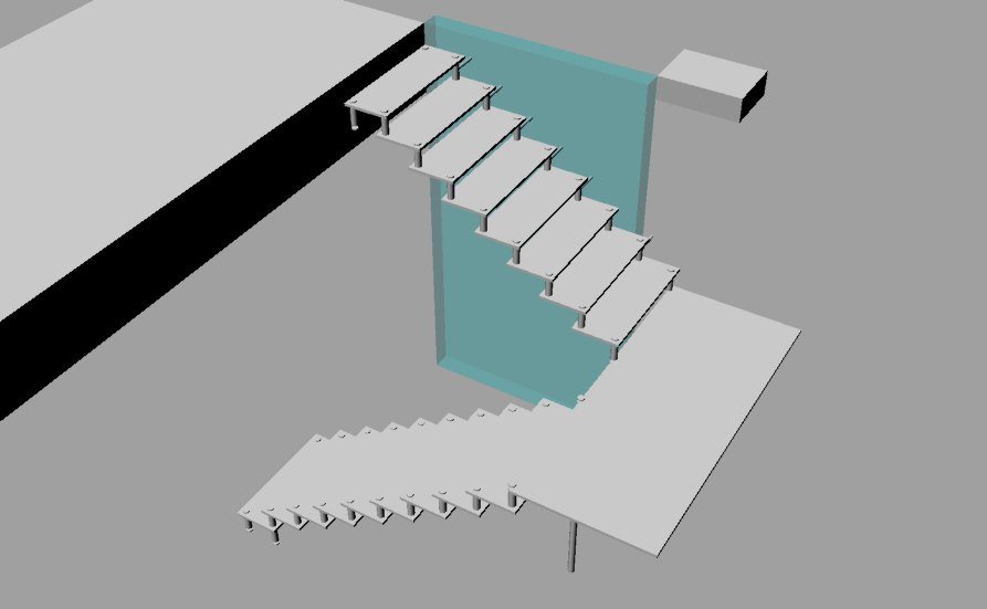 Projeto 3D de escada reta com degraus de vidro e painel de vidro