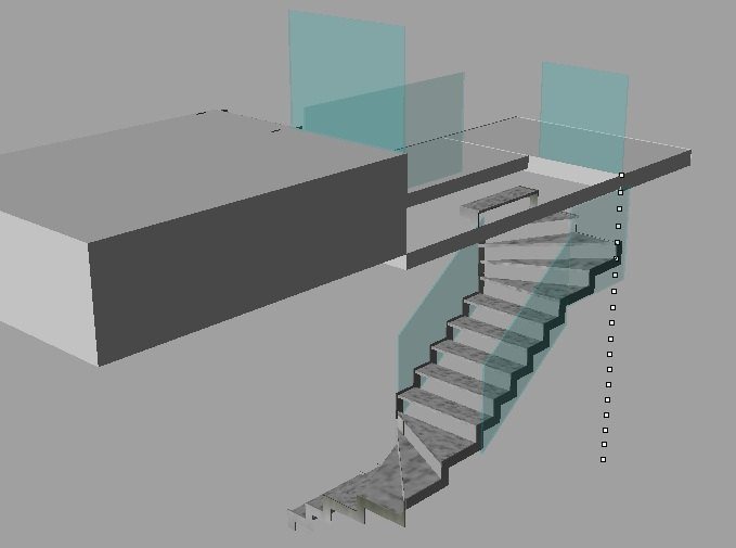 Projeto 3D de escada com degraus de vidro em balanço